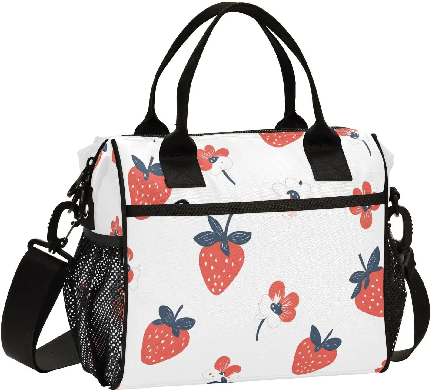 Doodle Strawberry and Flower Lunch Bag, Reusable Handheld Portable Insulated Lunch Bag with Removable Shoulder Strap