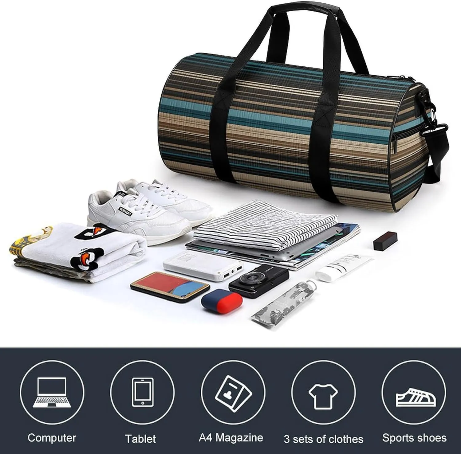 Duffel Bag for Men Women Gym Bag Beige And Brown Stripes Travel Duffel Bag Waterproof Overnight Bag for Sports Workout