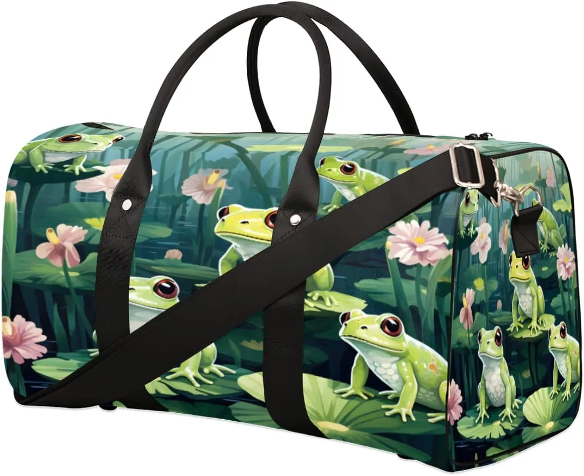 Duffel Bags Pond Green Frogs Large Tote Bag Lotus Overnight Travel Bags for Women Men Lightweight Duffel Bag Adjustable Strap Carry On Bag Waterproof Gym Travel Bag