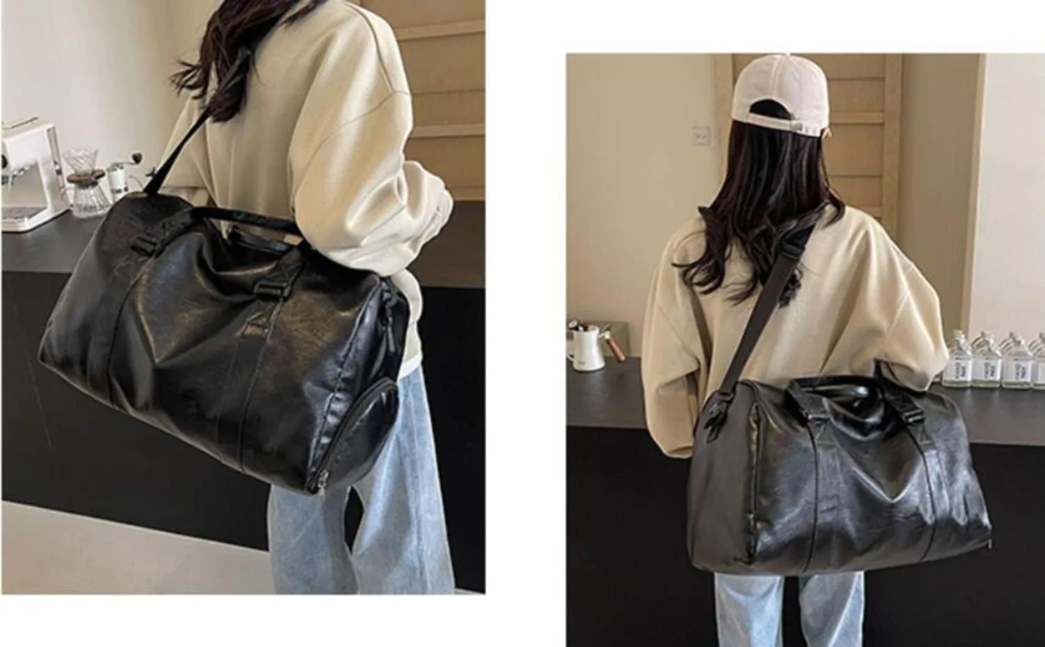 Duffle Travel Bag Waterproof Leather Weekend Bag Carry On Hangbag With Shoe Compartment & Wet Pocket,Sports Tote Gym Bag Hospital Bags,Overnight Bag For Men (Black)