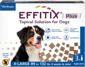 EFFITIX PLUS Topical Solution for Dogs - Waterproof Dog Flea and Tick Treatment for X-Large Dogs (89-132lbs) 3 Doses by Virbac