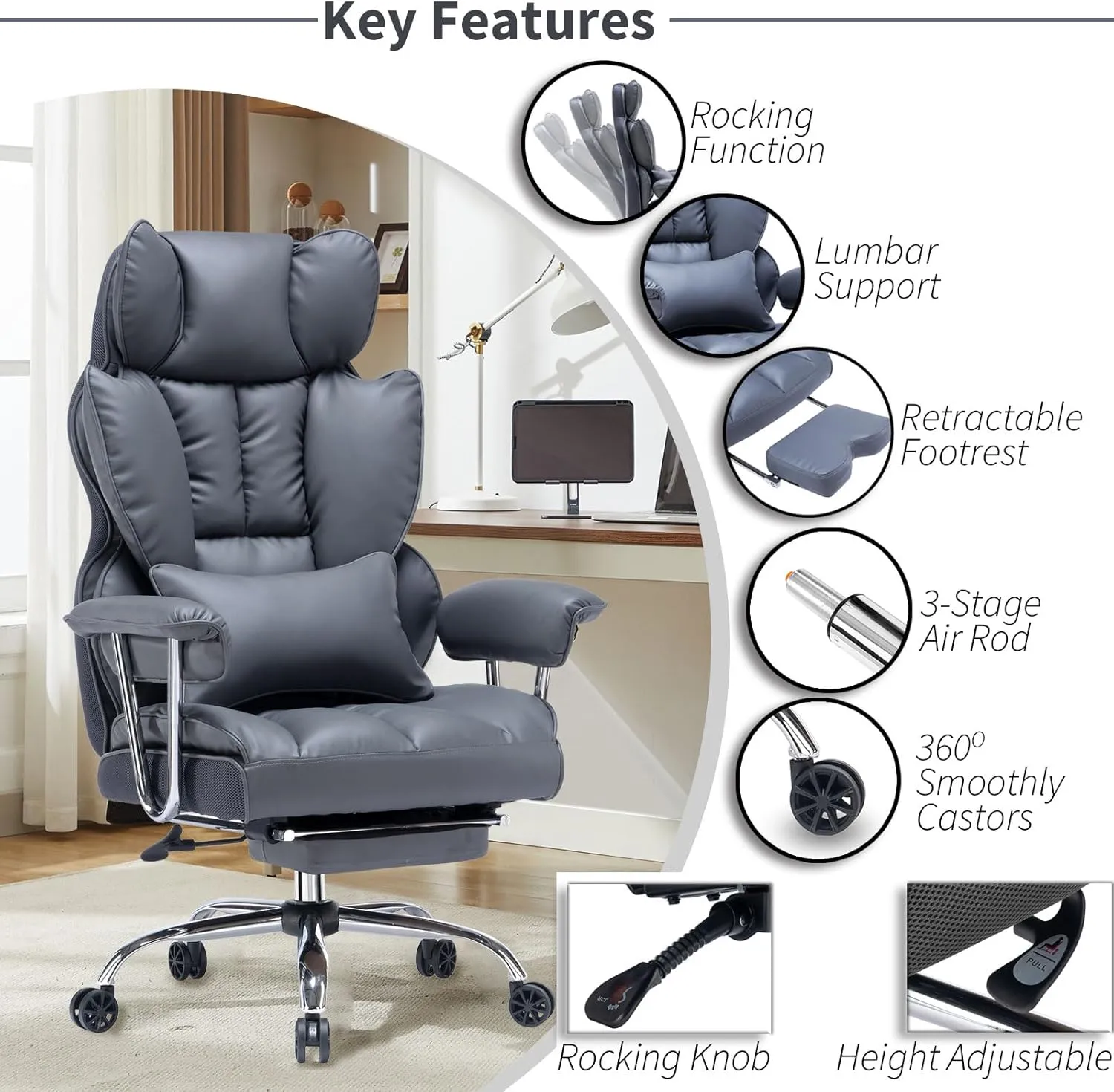 Efomao Big and Tall Executive Office Chair for Heavy People, High Back Computer Chair with Foot Rest, Home Office Desk Chairs, Mineral Grey