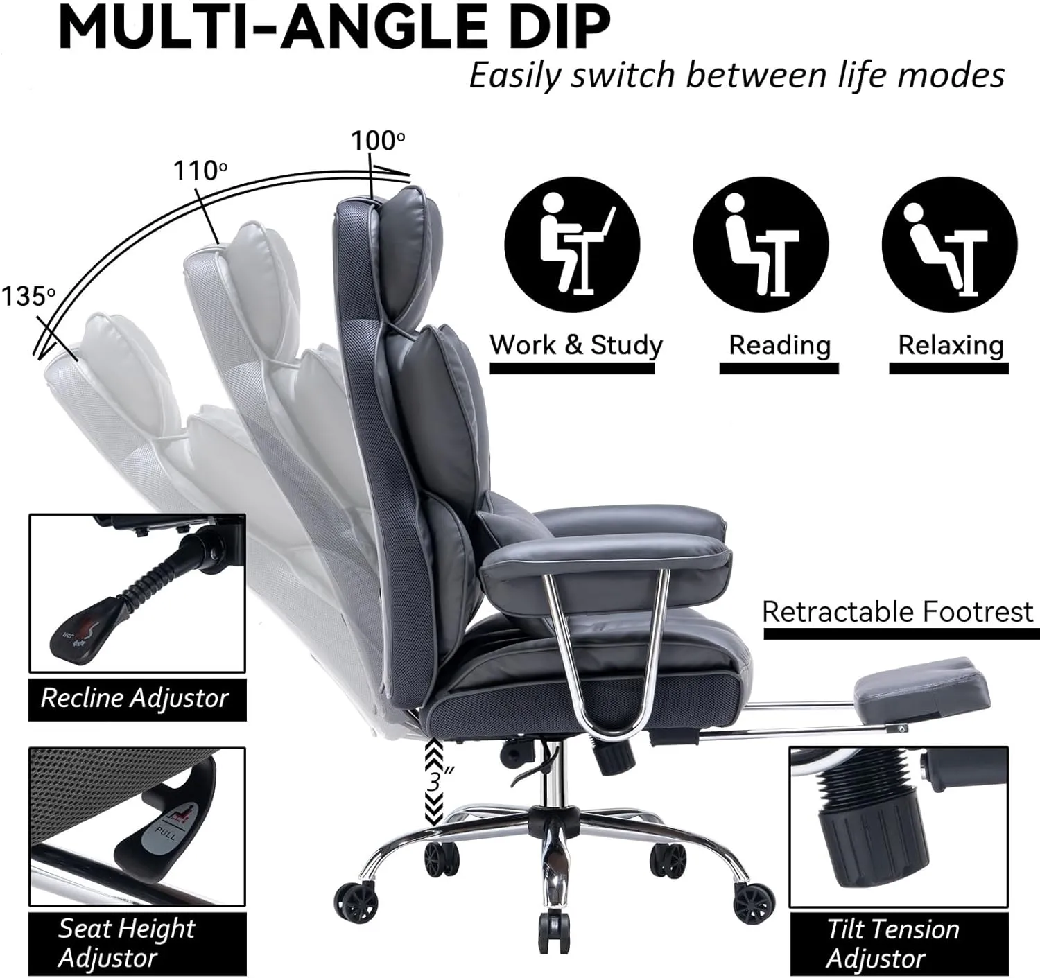 Efomao Big and Tall Executive Office Chair for Heavy People, High Back Computer Chair with Foot Rest, Home Office Desk Chairs, Mineral Grey