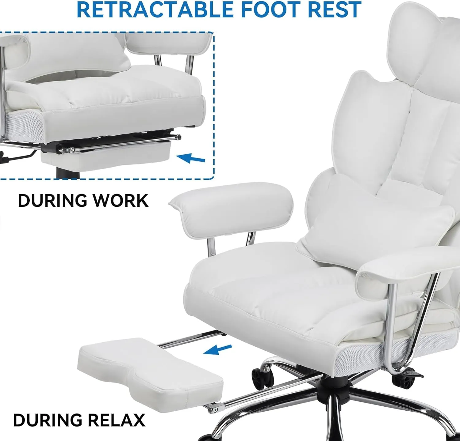 Efomao Big and Tall Office Chair 400lbs – PU Leather Executive Office Chair with Lumbar Support & Leg Rest, Heavy-Duty Computer Chair for Home Office, White by boahaus