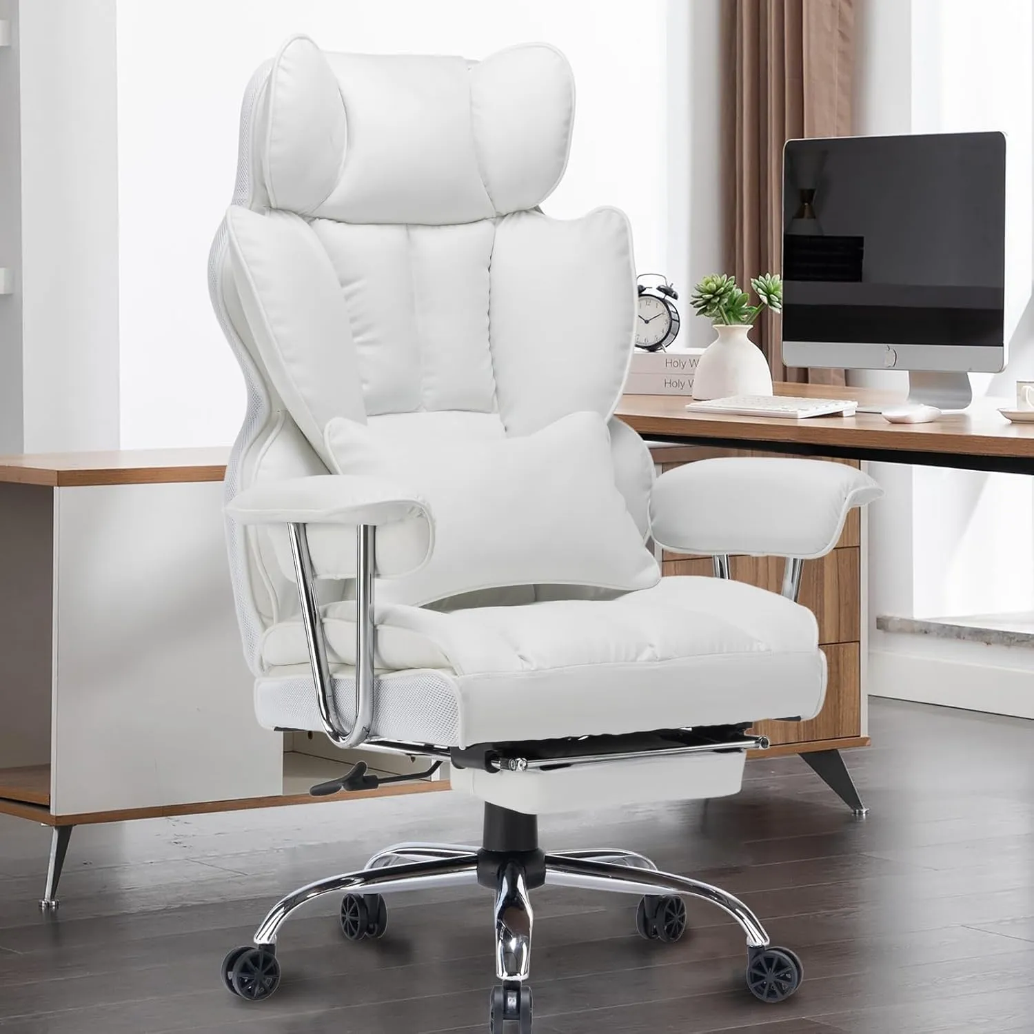Efomao Big and Tall Office Chair 400lbs – PU Leather Executive Office Chair with Lumbar Support & Leg Rest, Heavy-Duty Computer Chair for Home Office, White by boahaus