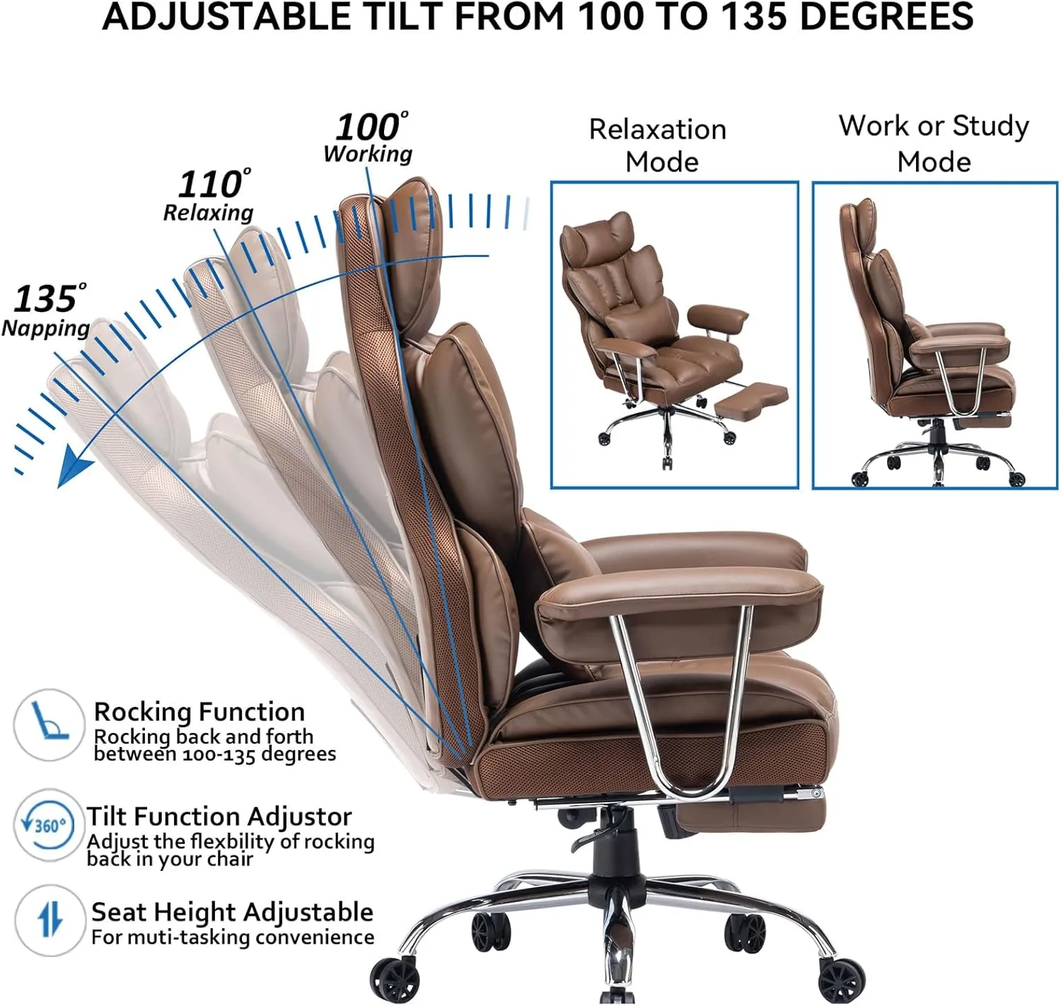 Efomao Big and Tall Office Chair with Foot Rest 400lbs – PU Leather Executive Office Chair with Lumbar Support & Leg Rest, Heavy-Duty Computer Chair for Home Office, Brown by boahaus