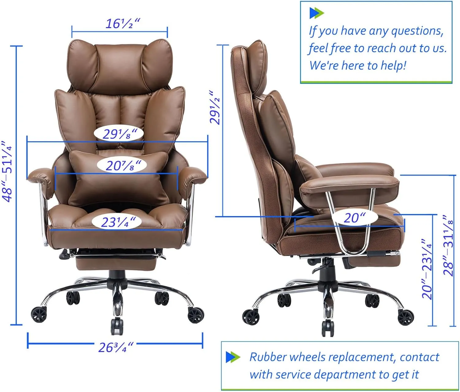 Efomao Big and Tall Office Chair with Foot Rest 400lbs – PU Leather Executive Office Chair with Lumbar Support & Leg Rest, Heavy-Duty Computer Chair for Home Office, Brown by boahaus
