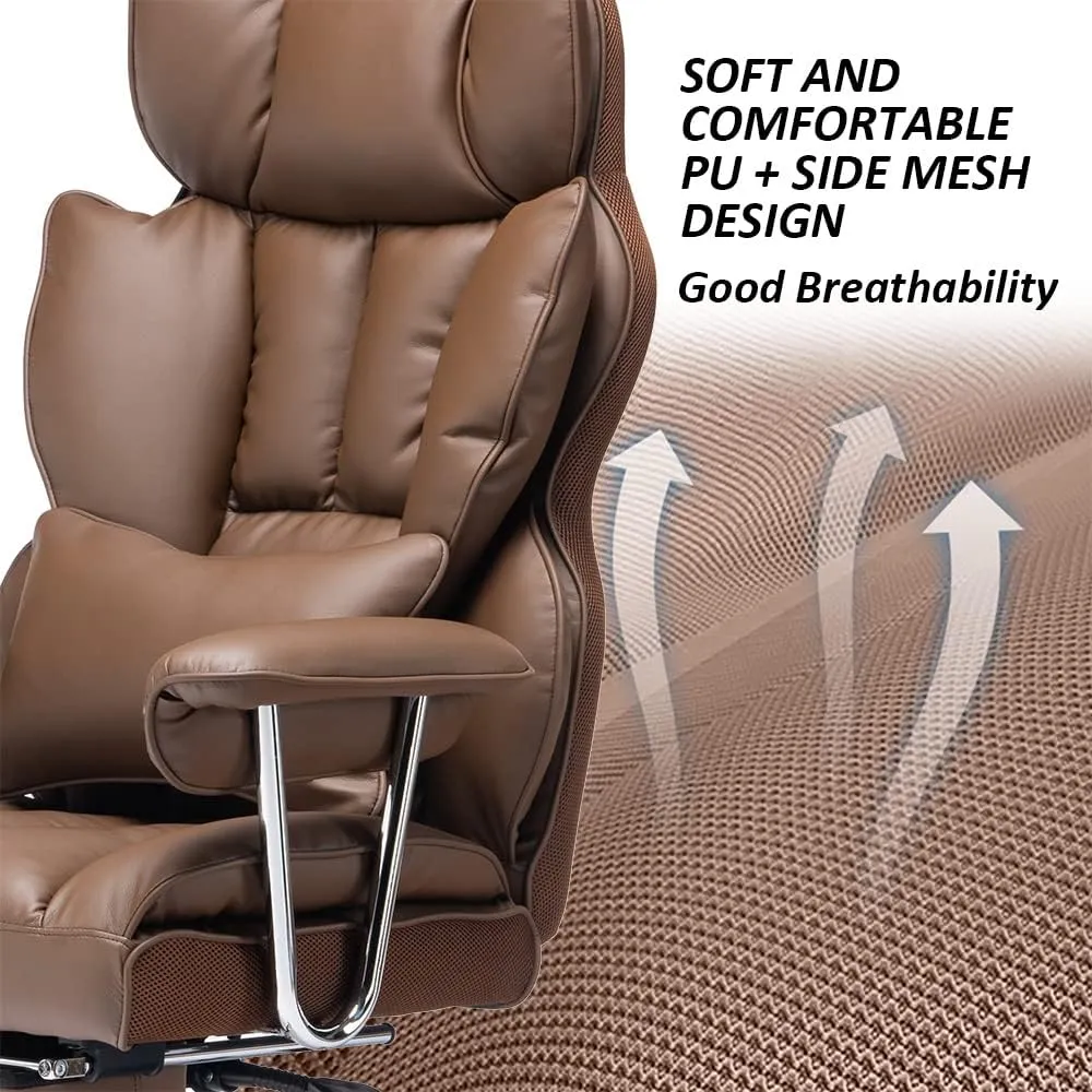 Efomao Big and Tall Office Chair with Foot Rest 400lbs – PU Leather Executive Office Chair with Lumbar Support & Leg Rest, Heavy-Duty Computer Chair for Home Office, Brown by boahaus
