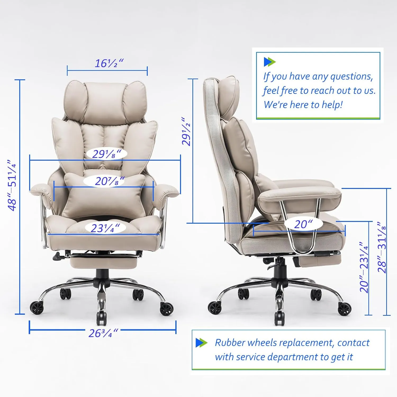 Efomao Big and Tall Office Chair with Foot Rest 400lbs – PU Leather Executive Office Chair with Lumbar Support & Leg Rest, Heavy-Duty Computer Chair for Home Office, Grey by boahaus