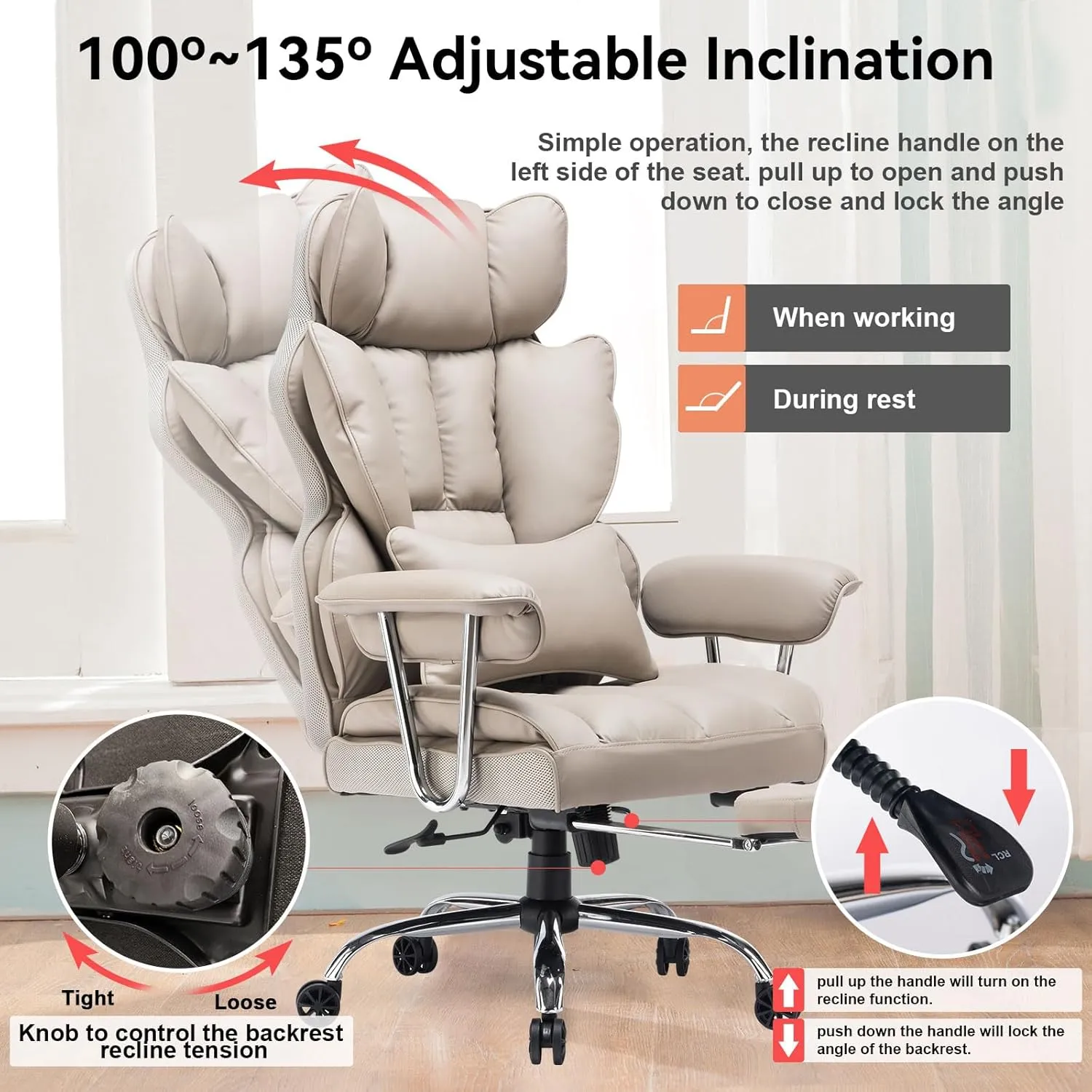 Efomao Big and Tall Office Chair with Foot Rest 400lbs – PU Leather Executive Office Chair with Lumbar Support & Leg Rest, Heavy-Duty Computer Chair for Home Office, Grey by boahaus