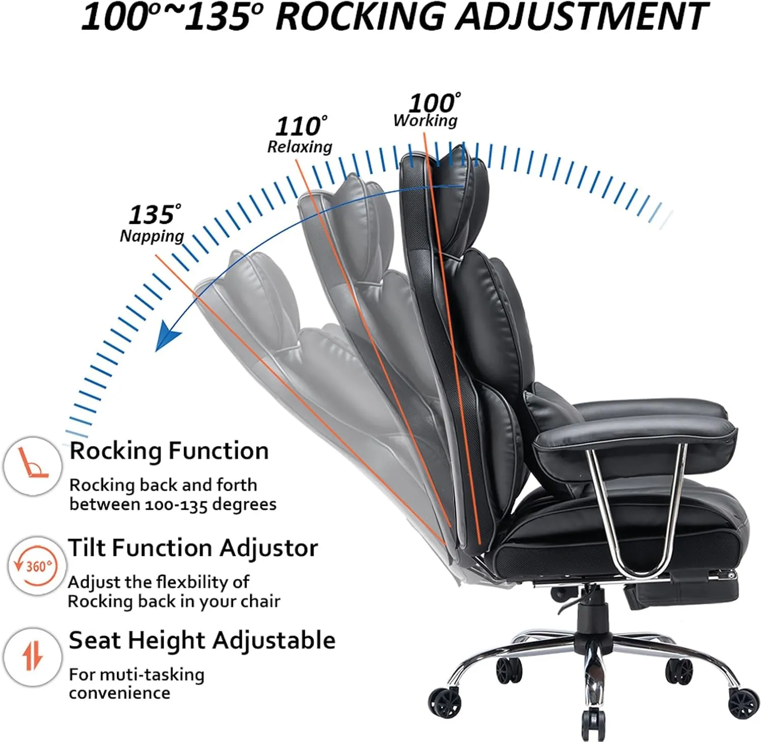 Efomao Desk Office Chair 400LBS, Big and Tall Office Chair, PU Leather Computer Chair, Executive Office Chair with Leg Rest and Lumbar Support, Black Office Chair