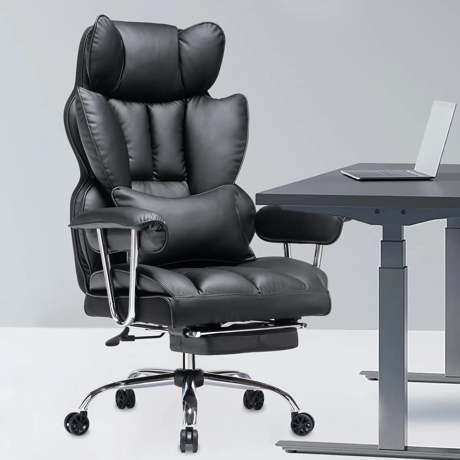 Efomao Desk Office Chair 400LBS, Big and Tall Office Chair, PU Leather Computer Chair, Executive Office Chair with Leg Rest and Lumbar Support, Black Office Chair