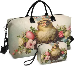 Egg Chick Travel Duffel Bag with Toiletry Bag Weekender Bag for Carry on Sports Gym Bag for Weekend Travel Sports