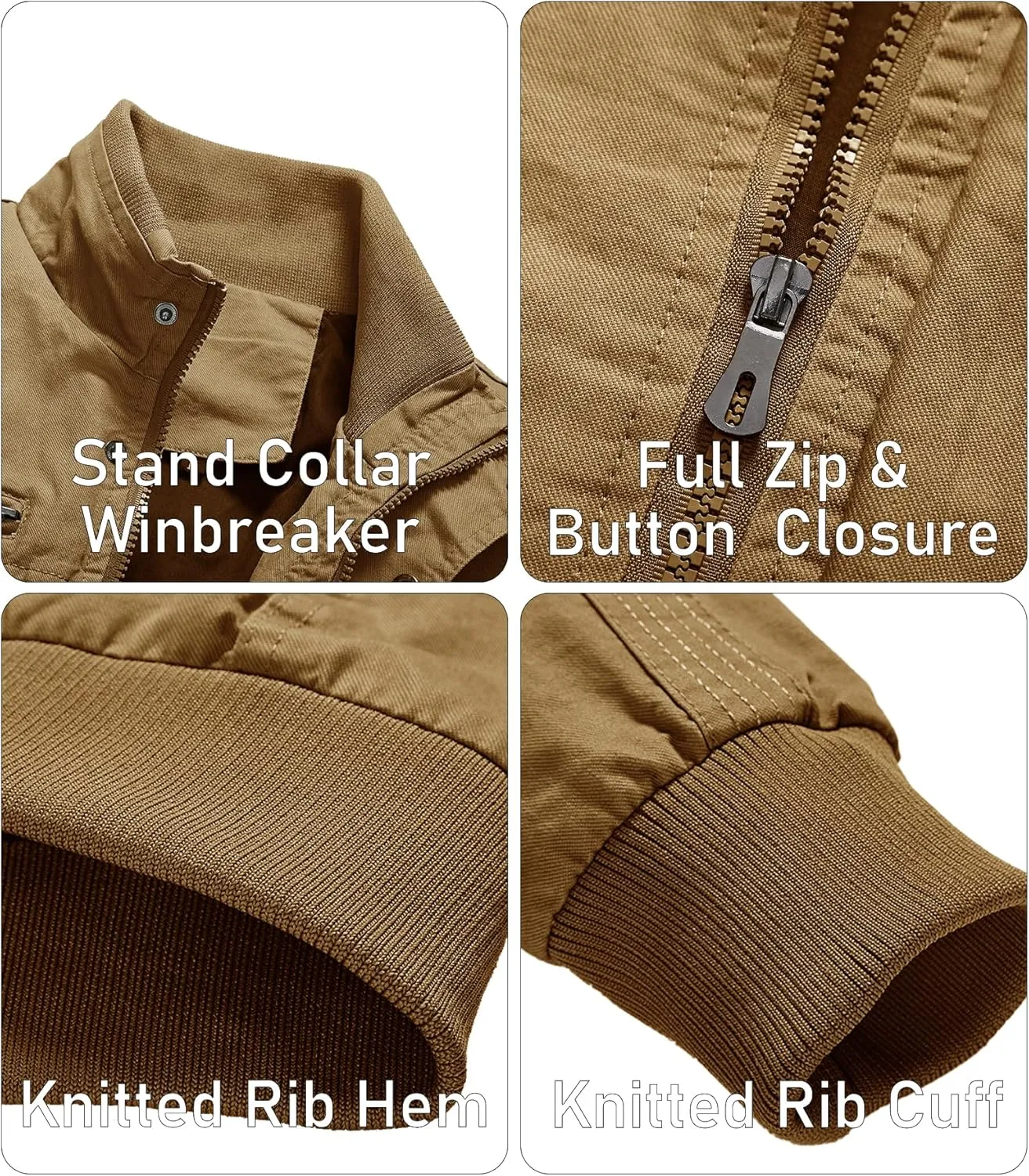 EKLENTSON Men's Cotton Lightweight Multi Pockets Zip Front Stand Collar Military Jackets Windbreaker