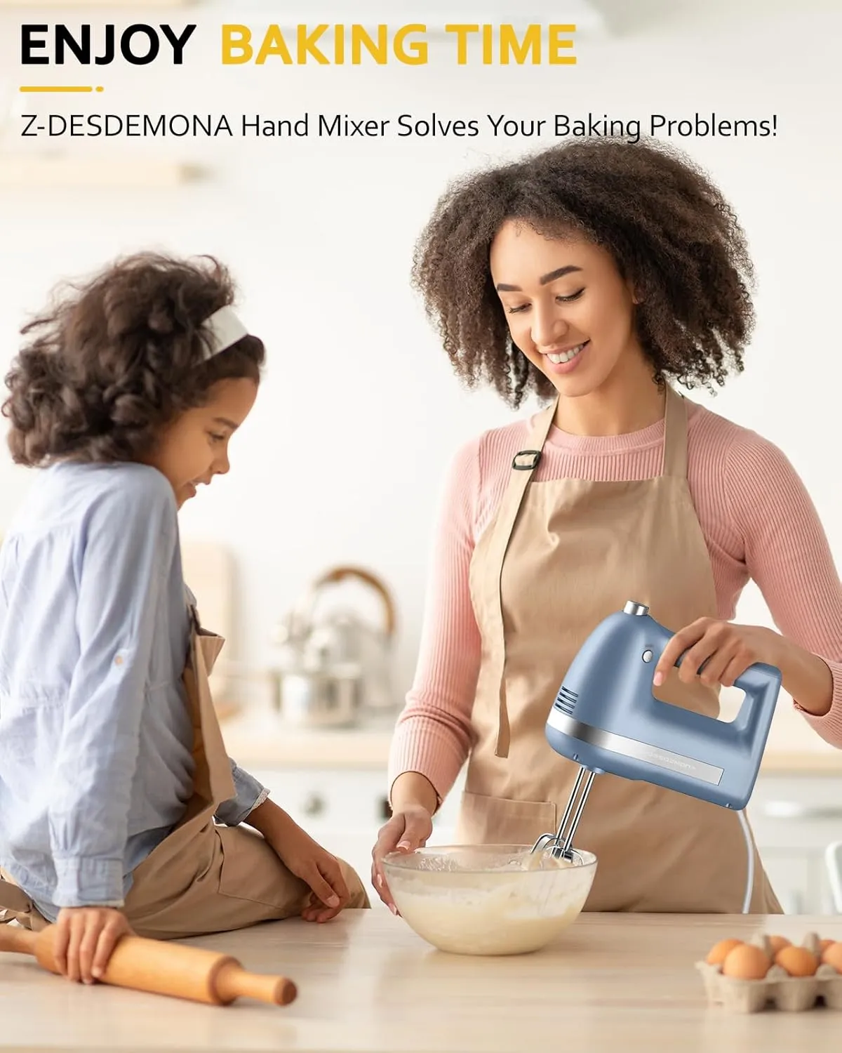Electric Hand Mixer, Powerful 300W Hand Mixer Electric Handheld with 304 Beaters, Dough Hook, Hand Held Mixer with Turbo for Baking Cakes, Eggs, Cream Food(Blue)