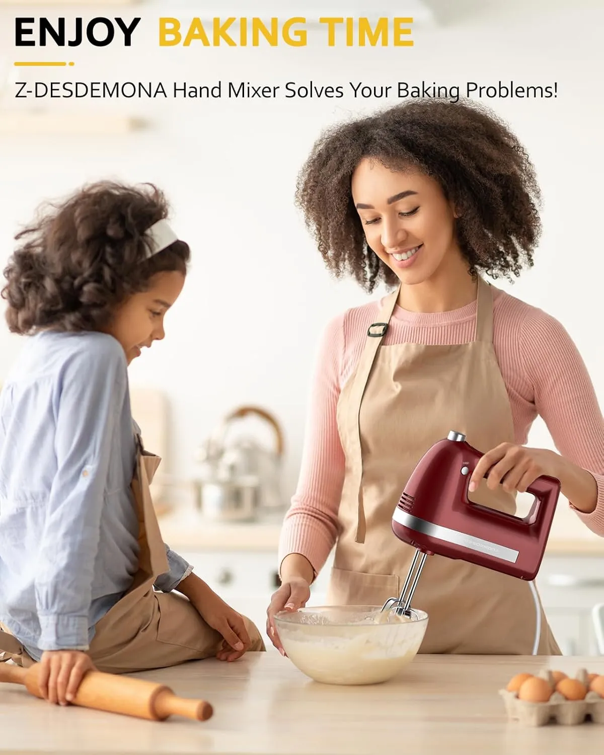 Electric Hand Mixer, Powerful 300W Hand Mixer Electric Handheld with 304 Beaters, Dough Hook, Hand Held Mixer with Turbo for Baking Cakes, Eggs, Cream Food(Red)