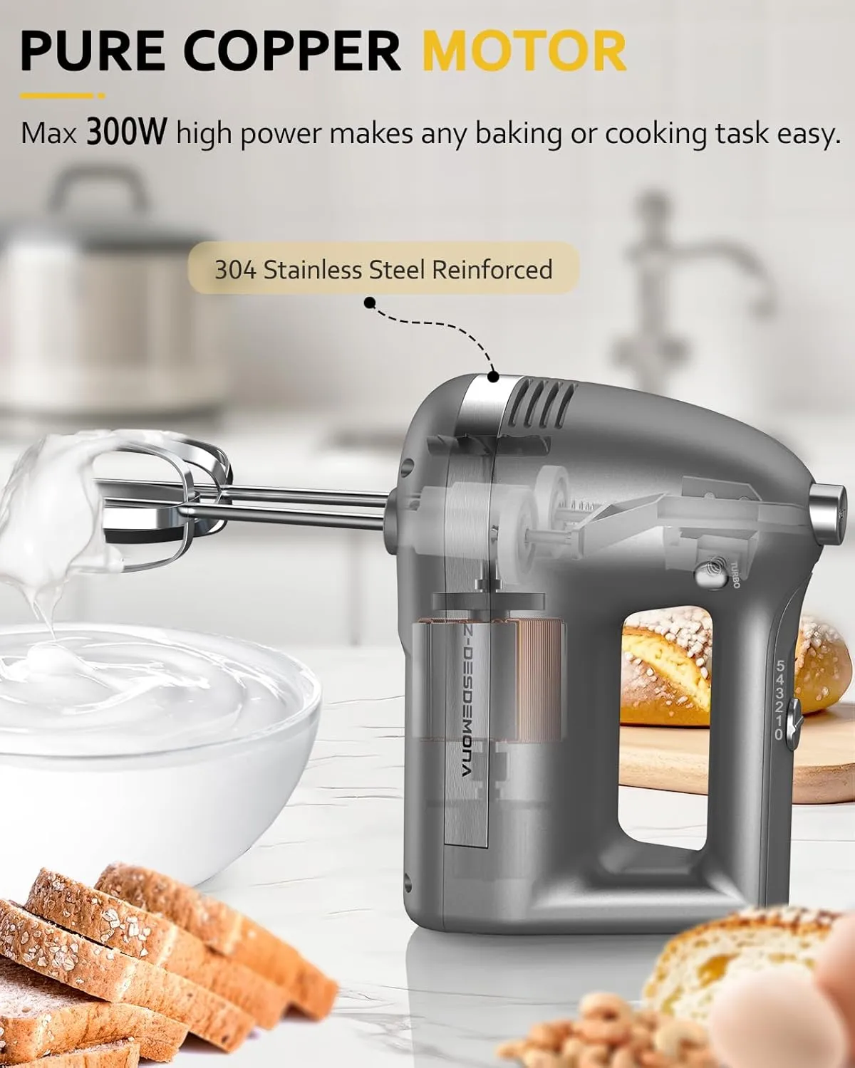 Electric Hand Mixer, Powerful Hand Mixer Electric Handheld with 304 Beaters, Dough Hook,Hand Held Mixer with Turbo for Baking Cakes, Eggs, Cream Food(Grey)