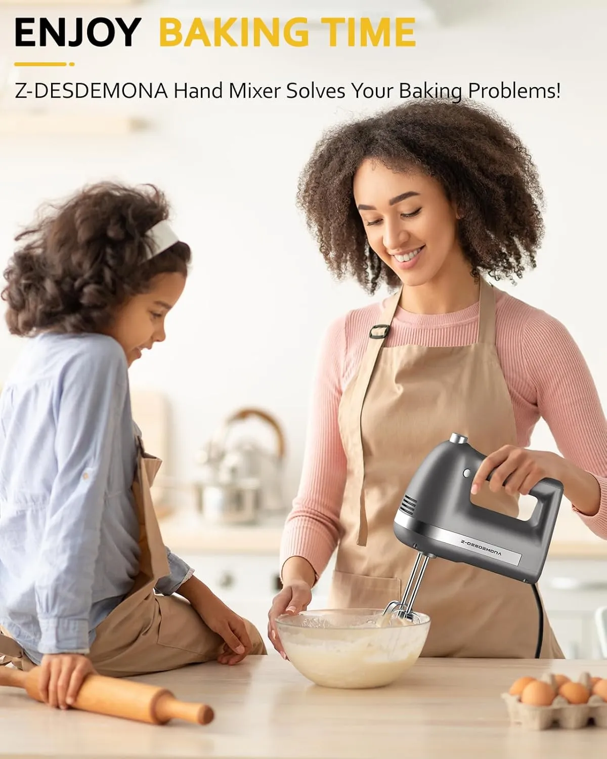 Electric Hand Mixer, Powerful Hand Mixer Electric Handheld with 304 Beaters, Dough Hook,Hand Held Mixer with Turbo for Baking Cakes, Eggs, Cream Food(Grey)