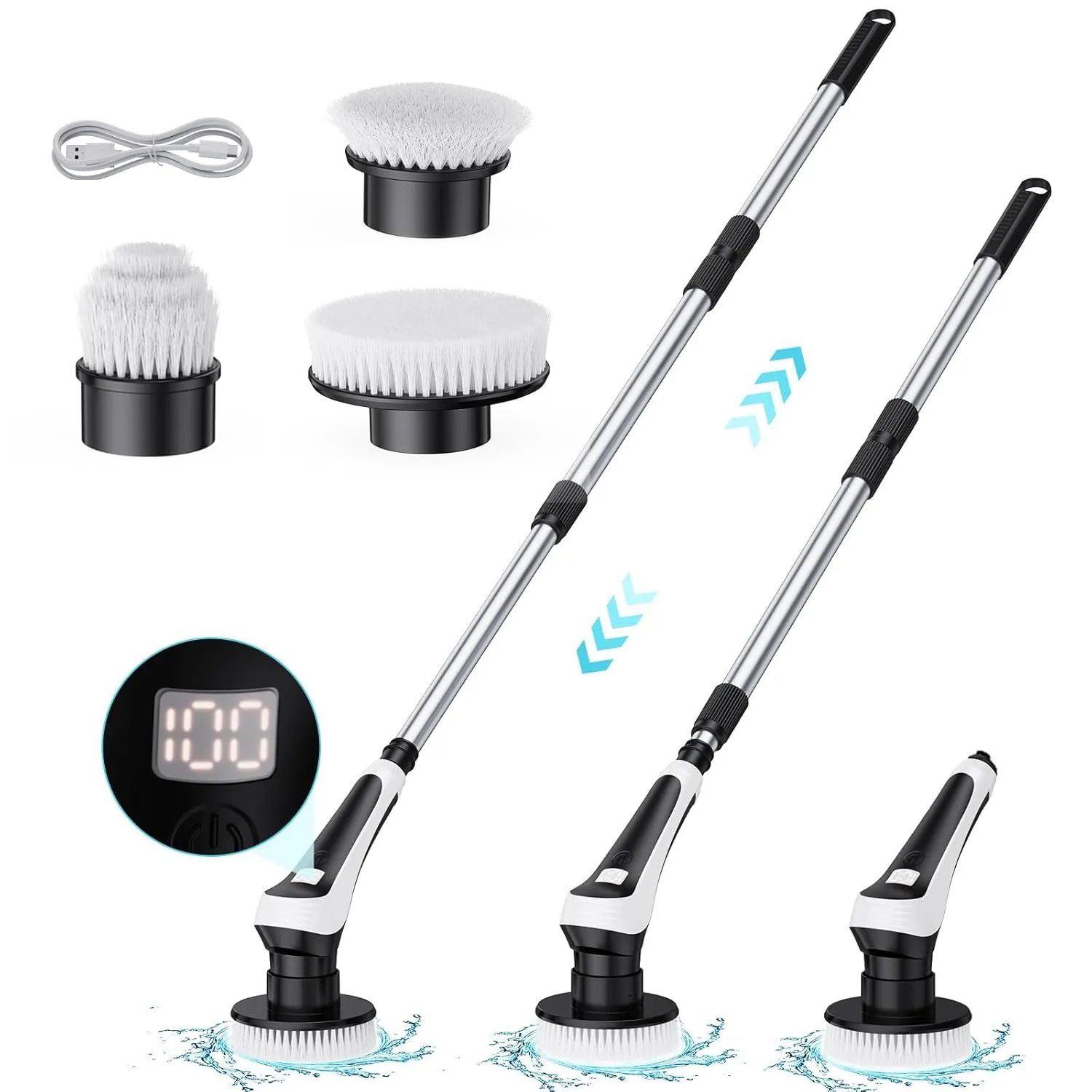 Electric Scrubber for Cleaning Bathroom with Replaceable Brushes - Waterproof Scrubber Brush with Long Handle & LED Display - Dual Speed Power Spinning Brush for Cleaning Bath & Shower
