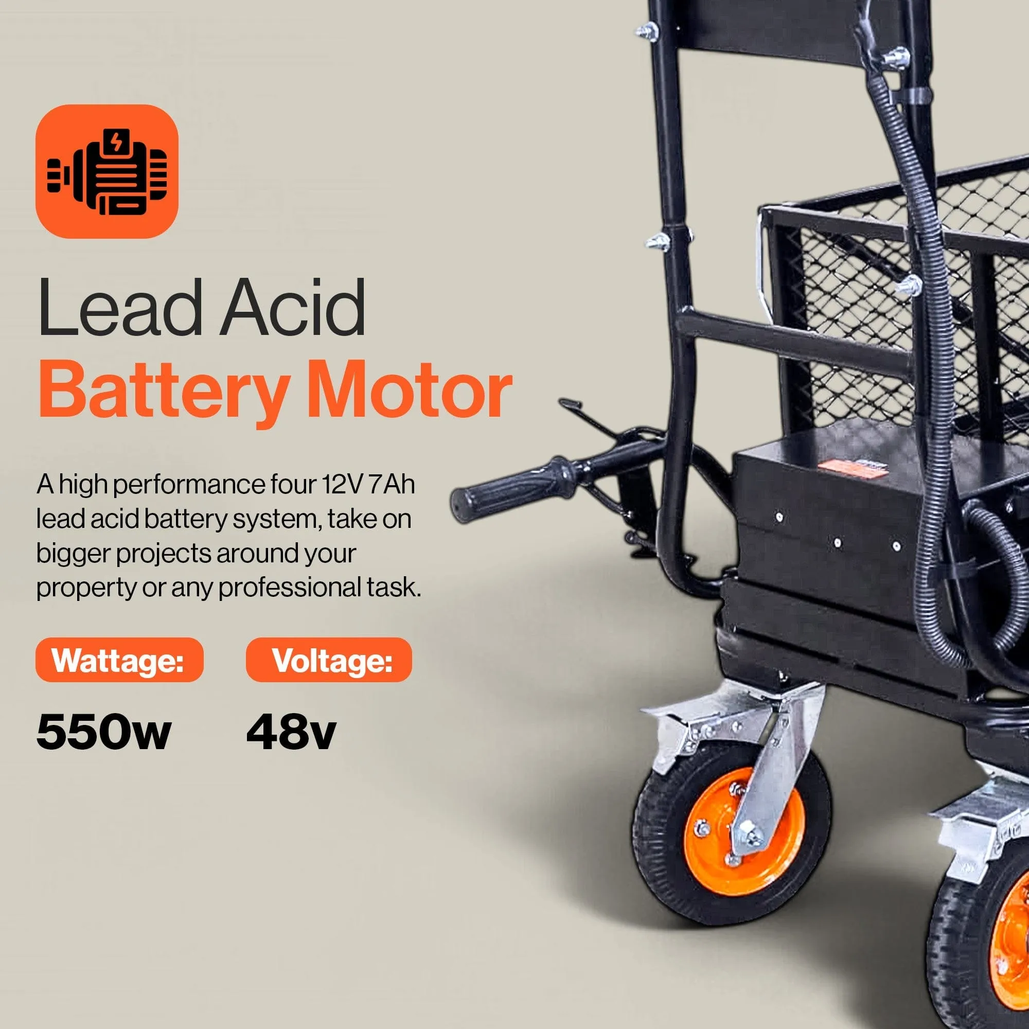 Electric Utility Wagon Pro - 48V 7Ah AGM Battery, 660Lb Max Weight