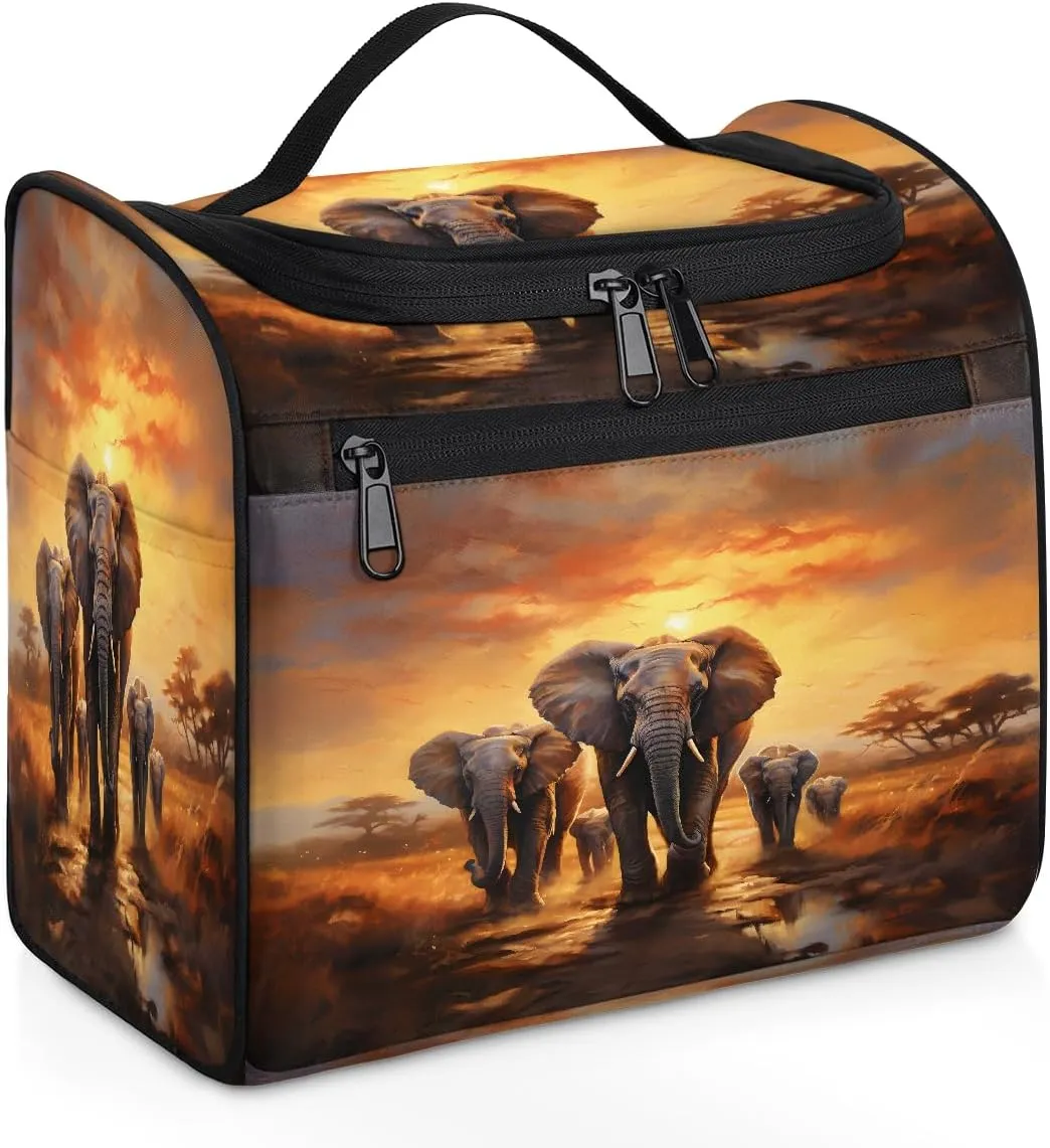 Elephant Migration Hanging Toiletry Bag for Women Men Large Capacity Makeup Bag Waterproof Cosmetic Bag Portable Travel Makeup Organizer with Multi Compartments