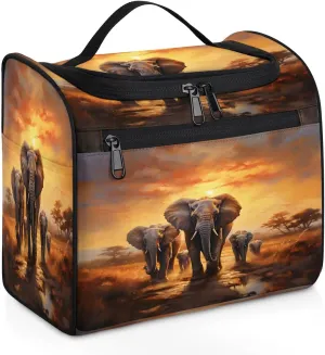 Elephant Migration Hanging Toiletry Bag for Women Men Large Capacity Makeup Bag Waterproof Cosmetic Bag Portable Travel Makeup Organizer with Multi Compartments