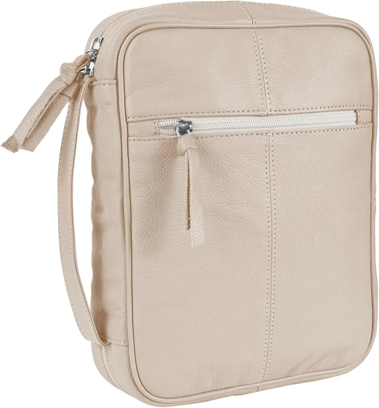 ELIZO Full Grain Italian Leather Bible Cover - Soft Zippered Carrying Case for Men & Women, Church Bag, Book Holder, Religious Gift (Cream, Large)