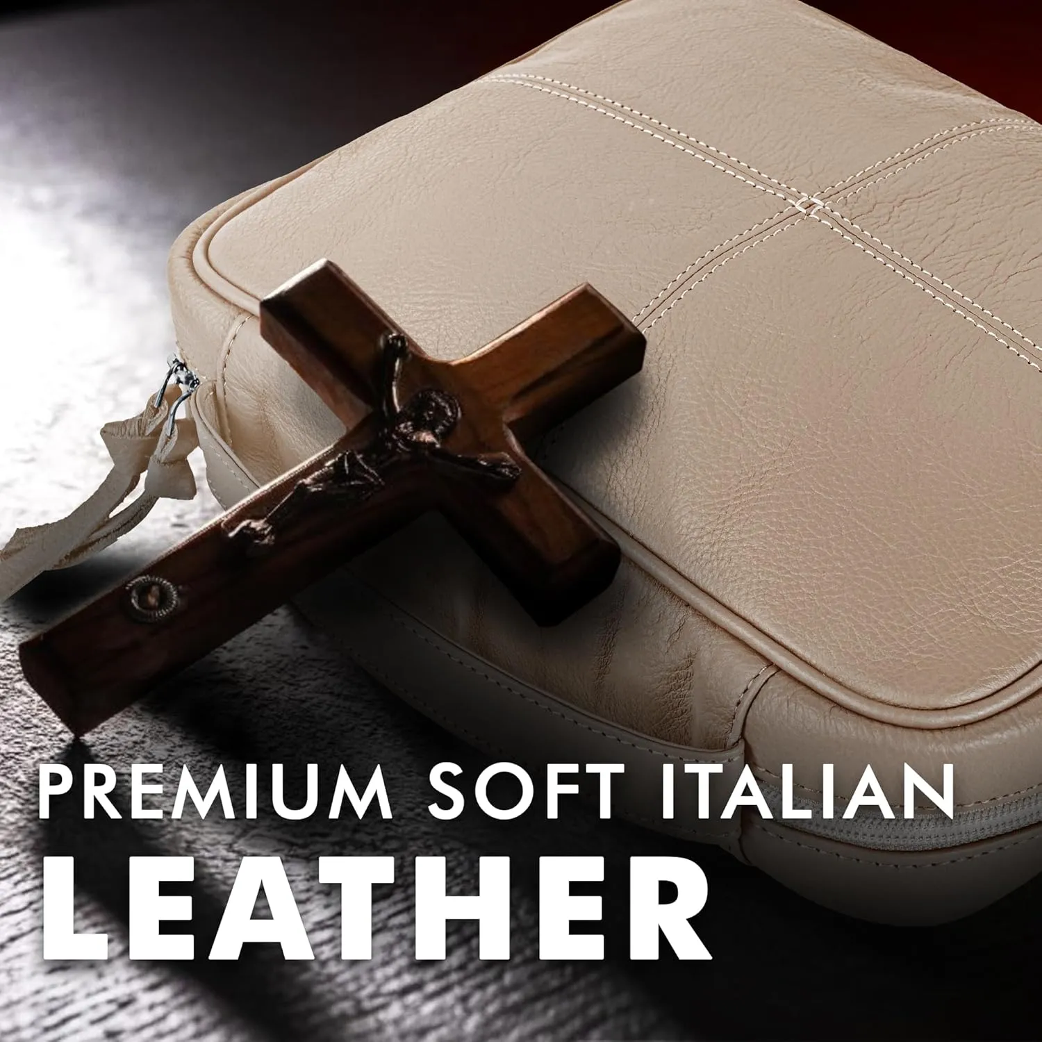 ELIZO Full Grain Italian Leather Bible Cover - Soft Zippered Carrying Case for Men & Women, Church Bag, Book Holder, Religious Gift (Cream, Large)