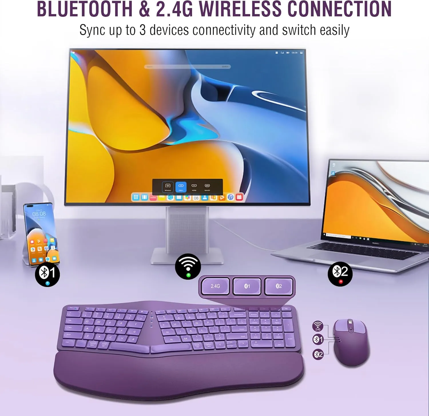 Ergonomic Wireless Keyboard Mouse Combo, EDJO Bluetooth/2.4G Dual Channel, Split Design, Soft Foam Palm Rest, 4 Level DPI Adjustable Wireless Mouse, Rechargeable, for Windows/Mac/Android(Purple)