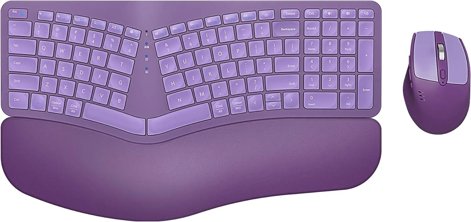 Ergonomic Wireless Keyboard Mouse Combo, EDJO Bluetooth/2.4G Dual Channel, Split Design, Soft Foam Palm Rest, 4 Level DPI Adjustable Wireless Mouse, Rechargeable, for Windows/Mac/Android(Purple)