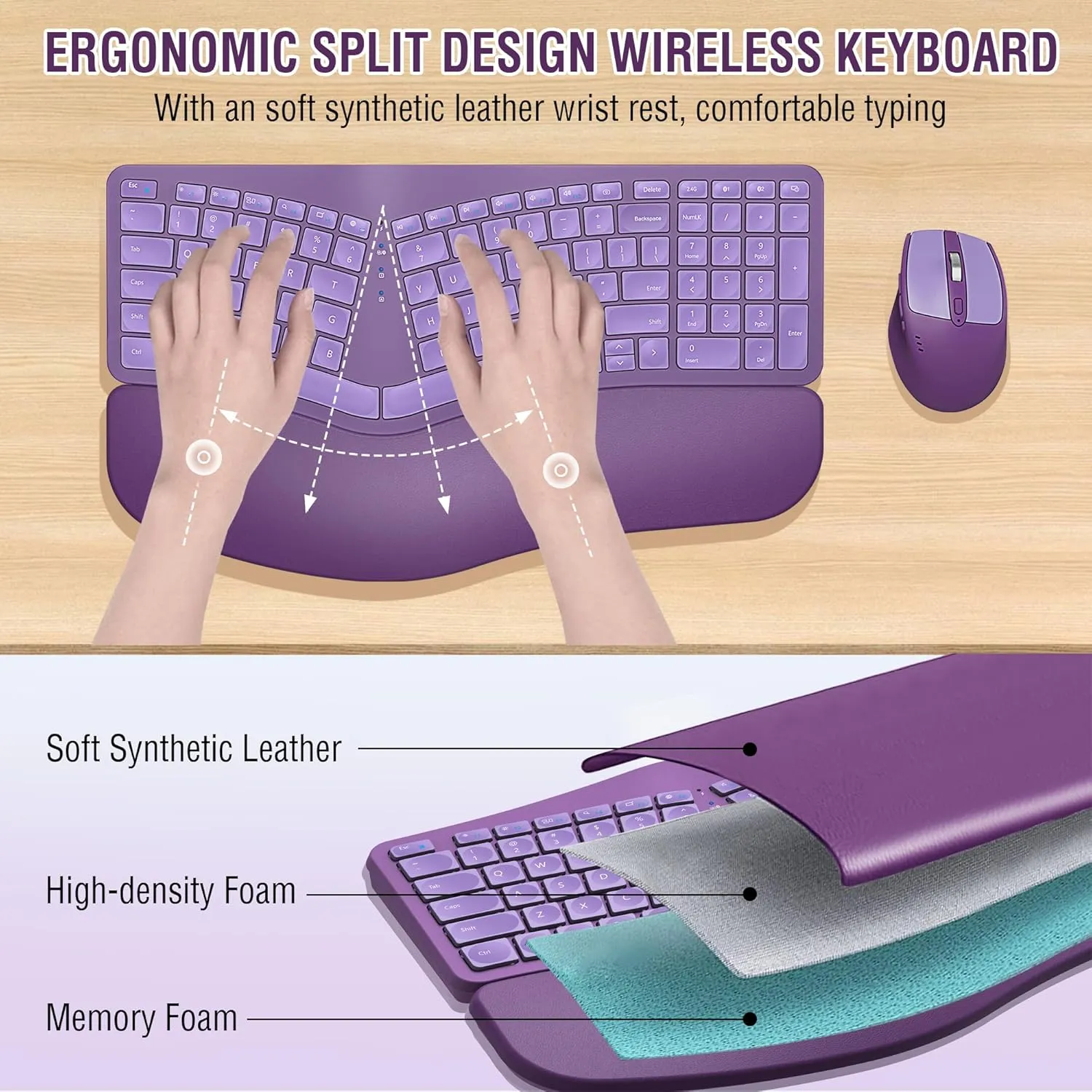 Ergonomic Wireless Keyboard Mouse Combo, EDJO Bluetooth/2.4G Dual Channel, Split Design, Soft Foam Palm Rest, 4 Level DPI Adjustable Wireless Mouse, Rechargeable, for Windows/Mac/Android(Purple)