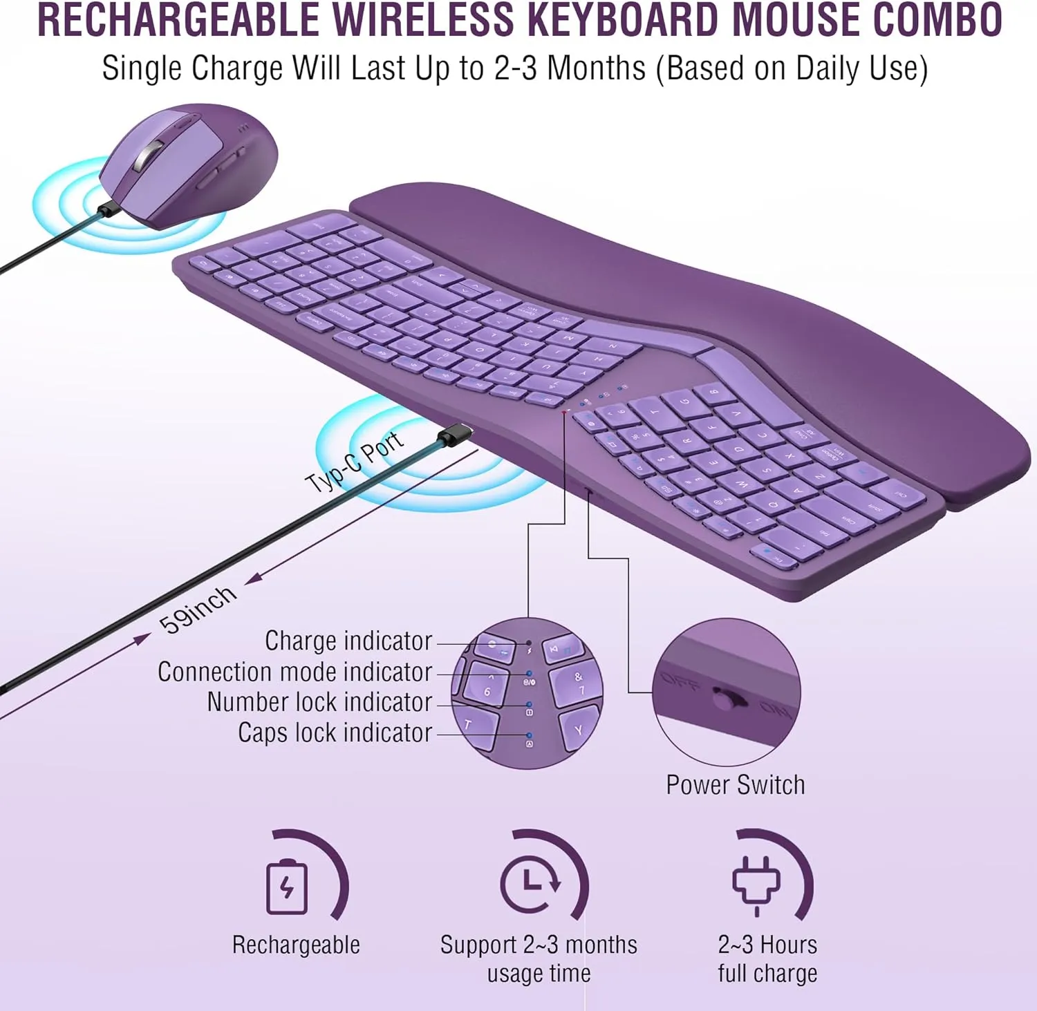 Ergonomic Wireless Keyboard Mouse Combo, EDJO Bluetooth/2.4G Dual Channel, Split Design, Soft Foam Palm Rest, 4 Level DPI Adjustable Wireless Mouse, Rechargeable, for Windows/Mac/Android(Purple)