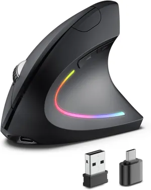 Ergonomic Wireless Rechargeable Mouse, Bluetooth USB A Type C(3 in 1) Connection, 5 Levels Up to 4800 DPI, 6 Silent Buttons, 2.4GHz Carpal Tunnel Vertical Mice, for Laptop, Desktop,MacBook-black