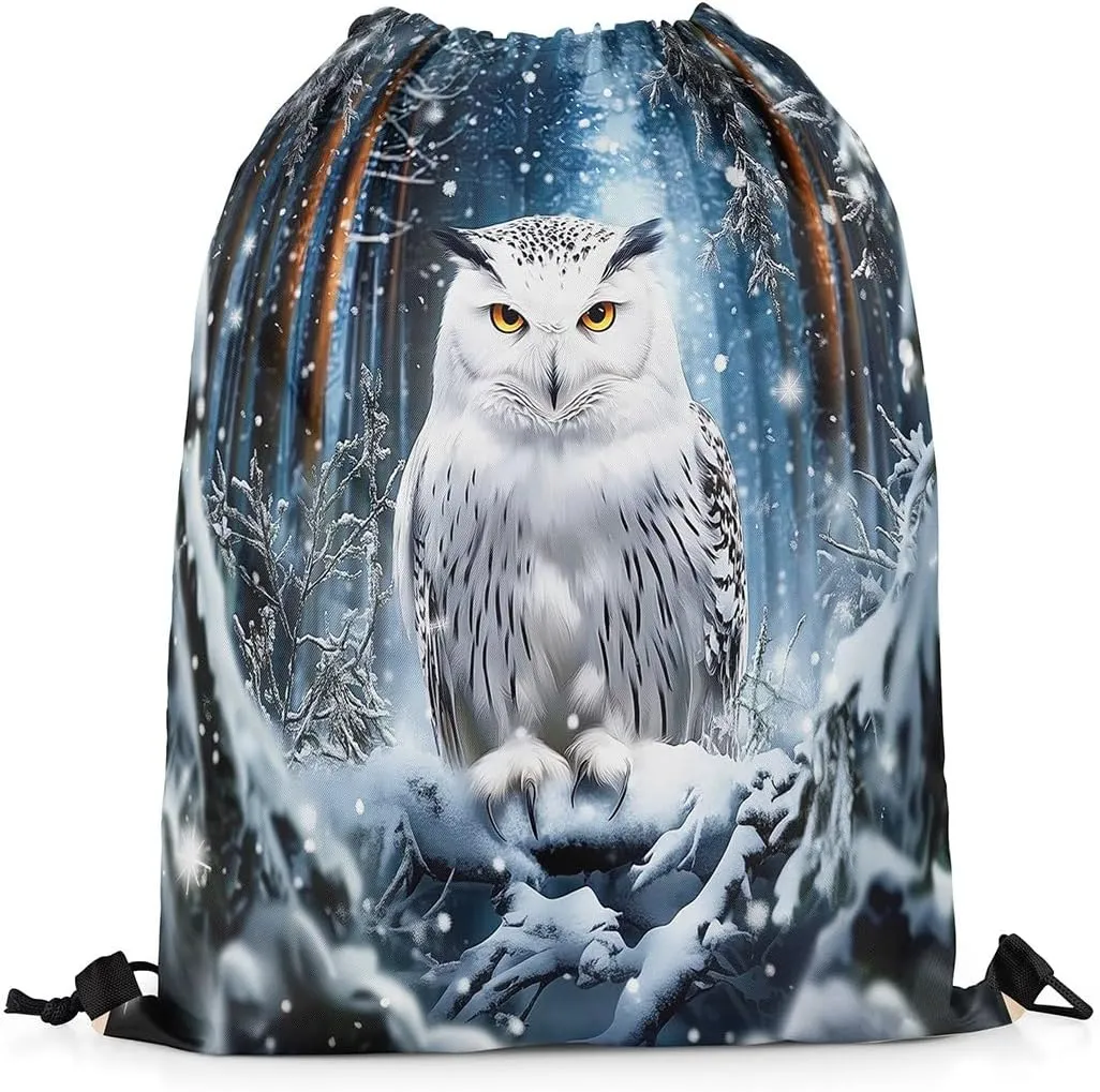 Erosebridal Owl Drawstring Backpack 13x15.7, Winter Jungle Wildlife Drawstring Bags, Bird Animal Snowflakes Foldable Draw String Back Bag For Swim Yoga, Pine Trees Safari String Backpack