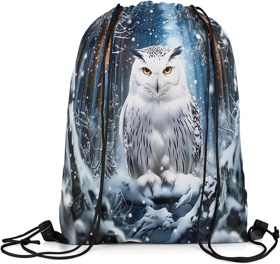 Erosebridal Owl Drawstring Backpack 13x15.7, Winter Jungle Wildlife Drawstring Bags, Bird Animal Snowflakes Foldable Draw String Back Bag For Swim Yoga, Pine Trees Safari String Backpack
