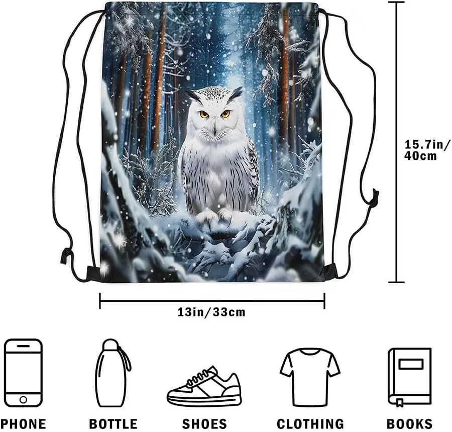 Erosebridal Owl Drawstring Backpack 13x15.7, Winter Jungle Wildlife Drawstring Bags, Bird Animal Snowflakes Foldable Draw String Back Bag For Swim Yoga, Pine Trees Safari String Backpack