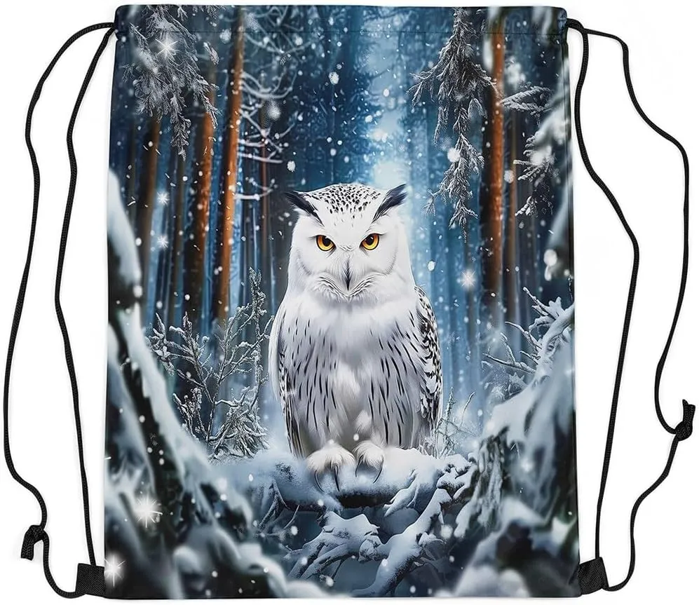 Erosebridal Owl Drawstring Backpack 13x15.7, Winter Jungle Wildlife Drawstring Bags, Bird Animal Snowflakes Foldable Draw String Back Bag For Swim Yoga, Pine Trees Safari String Backpack