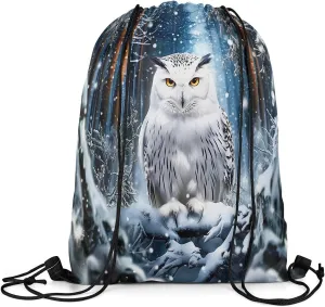 Erosebridal Owl Drawstring Backpack 13x15.7, Winter Jungle Wildlife Drawstring Bags, Bird Animal Snowflakes Foldable Draw String Back Bag For Swim Yoga, Pine Trees Safari String Backpack