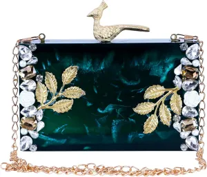 Evening Clutch Purse, Emerald Green Acrylic with Crystal Embellishments, Gold Bird Clasp and Chain