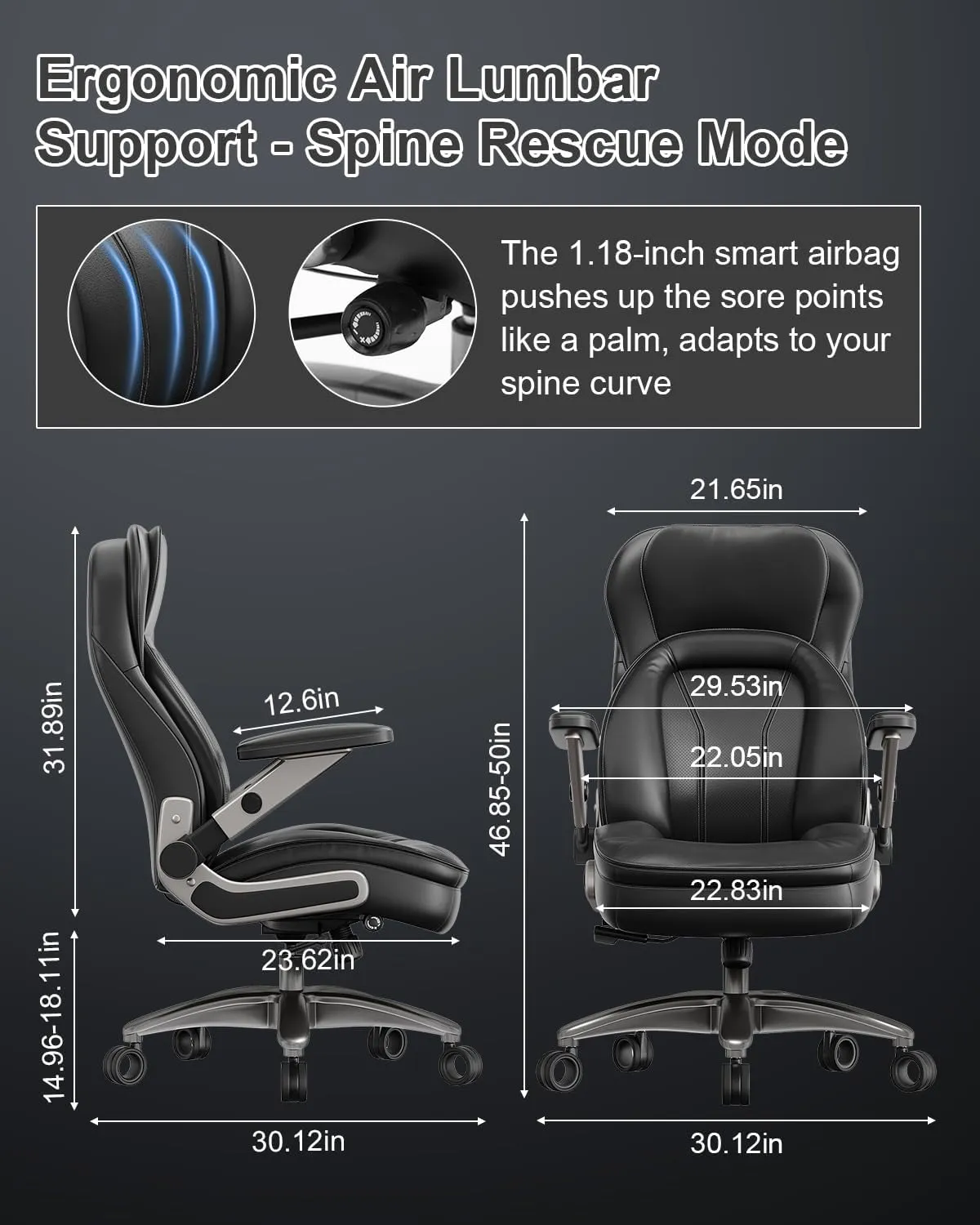 Executive Office Chair with Adjustable 5D Arms, 600lbs Big and Tall Office Chair with Lumbar Support, PU Leather Heavy Duty Managerial Chairs with 3'' Silent Casters