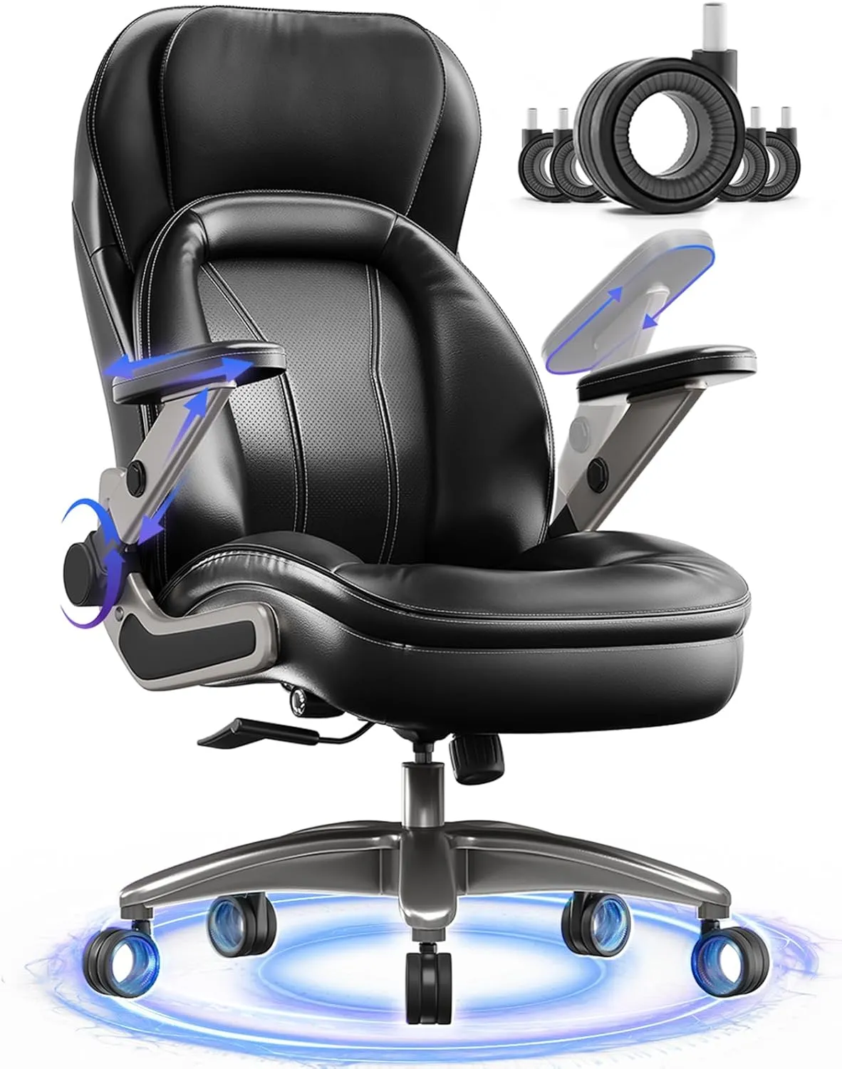 Executive Office Chair with Adjustable 5D Arms, 600lbs Big and Tall Office Chair with Lumbar Support, PU Leather Heavy Duty Managerial Chairs with 3'' Silent Casters