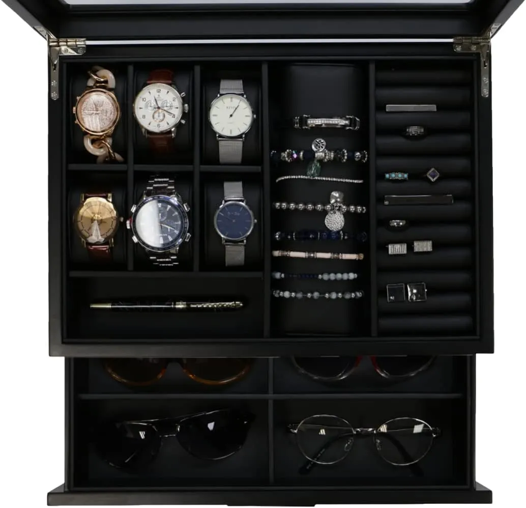 Executive Unisex Black Wood Valet sunglasses and Jewelry Box Storage (SuperStar 2)