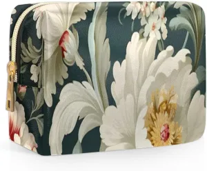 Exquisite Patterns Vivid Flower Travel Makeup Bag for Women, PU Leather Waterproof Checkered Cosmetic Bags Large Make up Bag Zipper Pouch