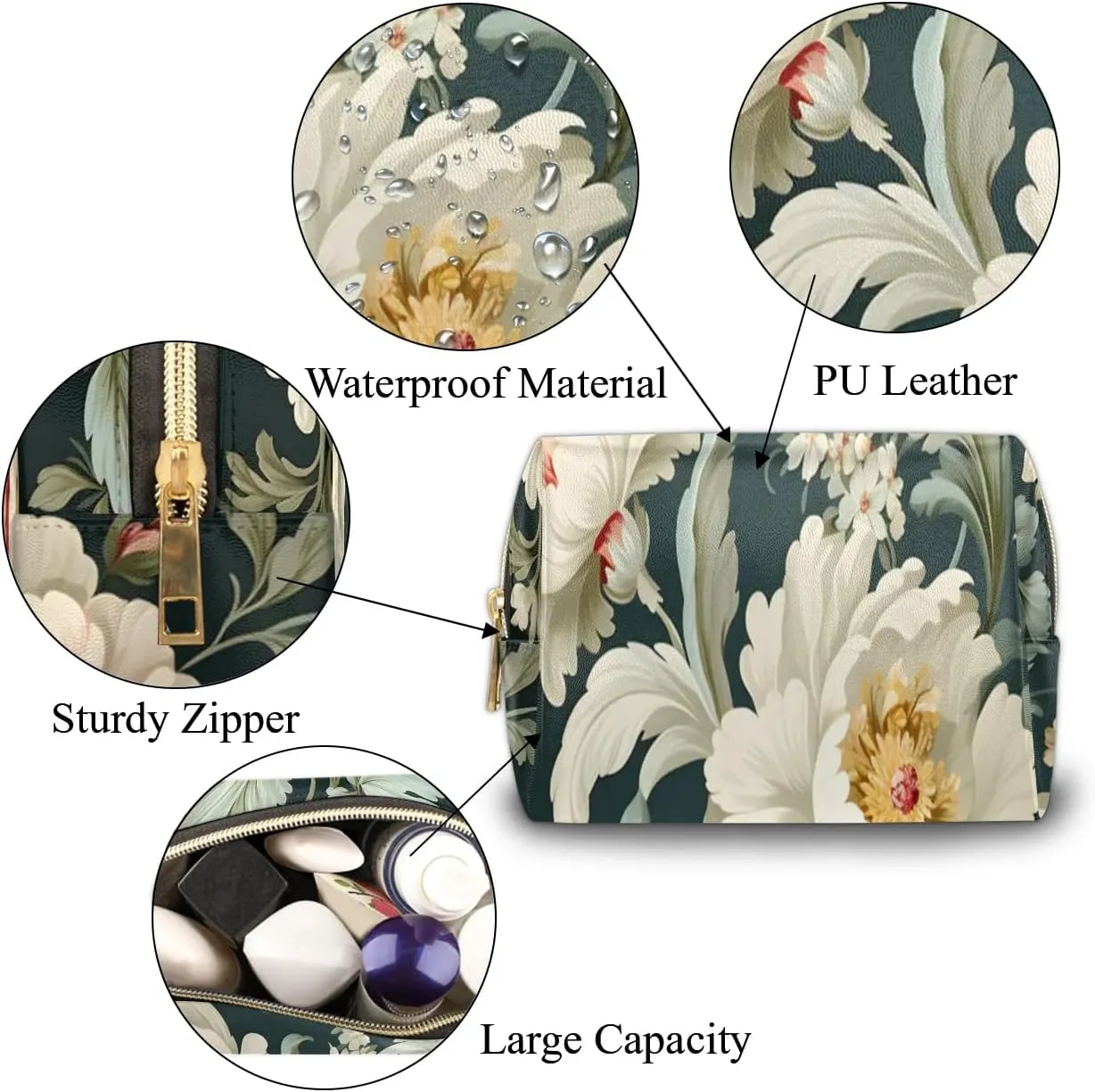 Exquisite Patterns Vivid Flower Travel Makeup Bag for Women, PU Leather Waterproof Checkered Cosmetic Bags Large Make up Bag Zipper Pouch
