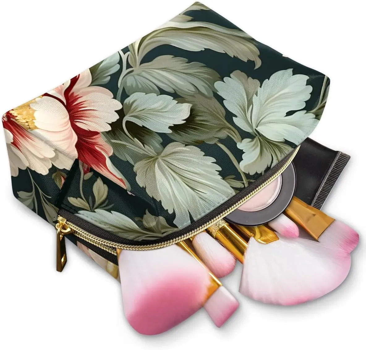 Exquisite Patterns Vivid Flower Travel Makeup Bag for Women, PU Leather Waterproof Checkered Cosmetic Bags Large Make up Bag Zipper Pouch