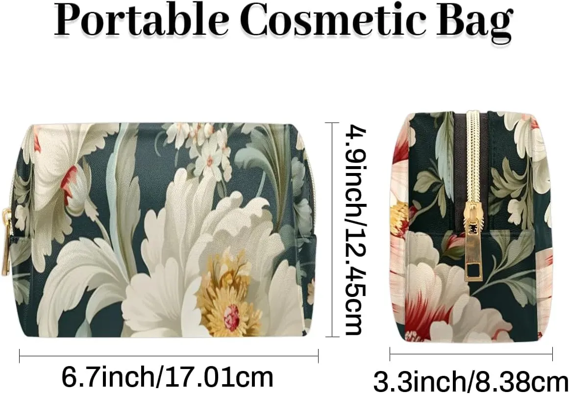 Exquisite Patterns Vivid Flower Travel Makeup Bag for Women, PU Leather Waterproof Checkered Cosmetic Bags Large Make up Bag Zipper Pouch