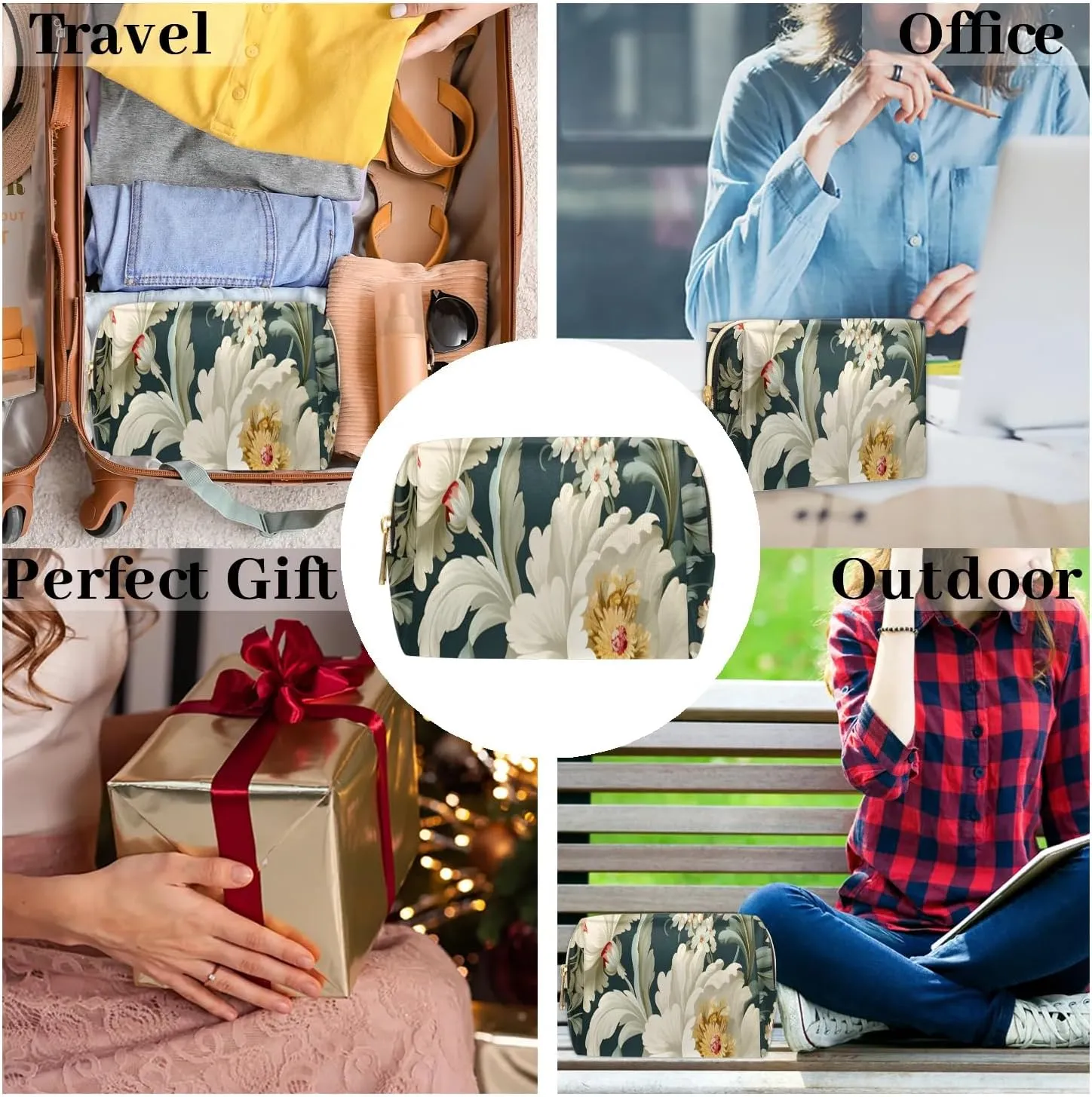 Exquisite Patterns Vivid Flower Travel Makeup Bag for Women, PU Leather Waterproof Checkered Cosmetic Bags Large Make up Bag Zipper Pouch
