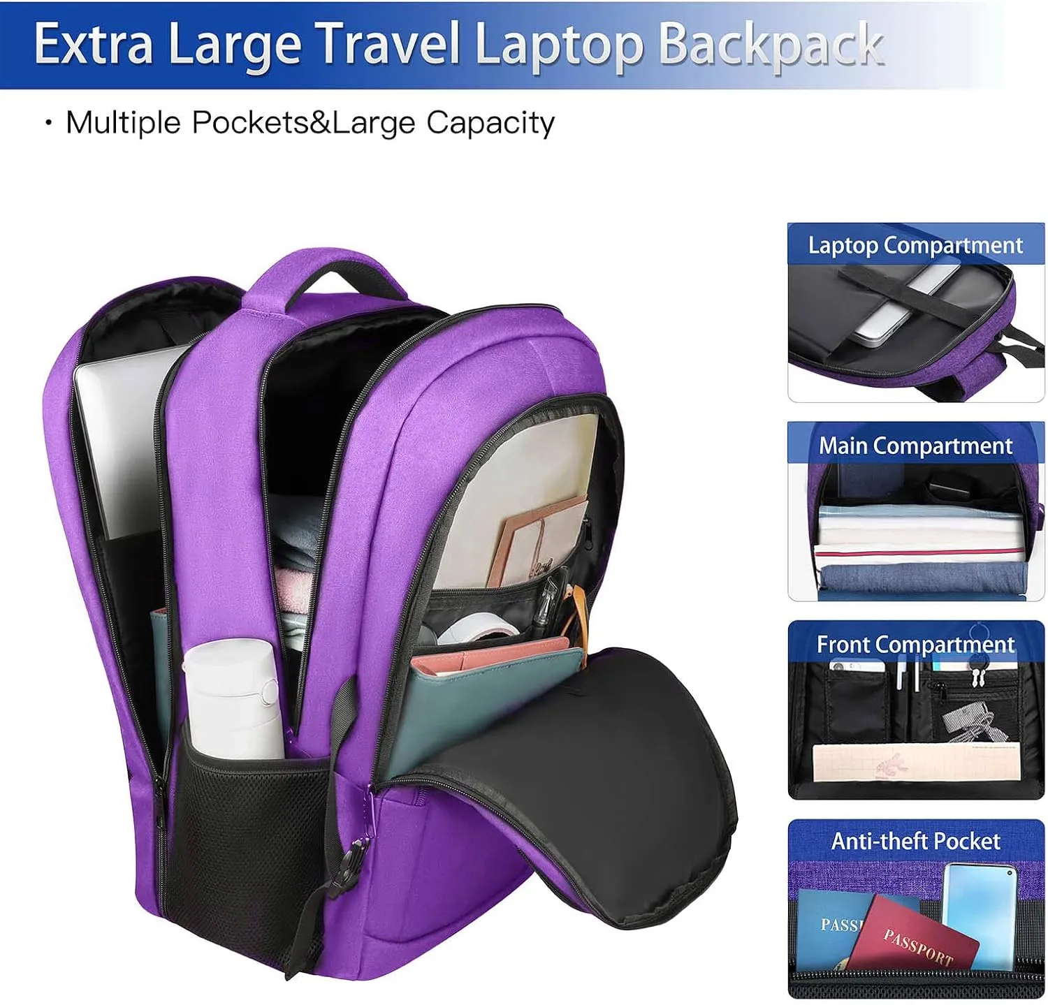 Extra Large Backpack, Travel Laptop Backpack, Multiple Pockets 17 Inch Carry on Backpack with USB Port, TSA Water Resistant Business Travel Bag Gift for Women,Backpack for Women, Purple