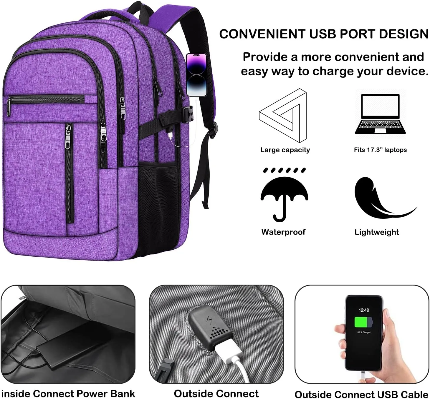 Extra Large Backpack, Travel Laptop Backpack, Multiple Pockets 17 Inch Carry on Backpack with USB Port, TSA Water Resistant Business Travel Bag Gift for Women,Backpack for Women, Purple