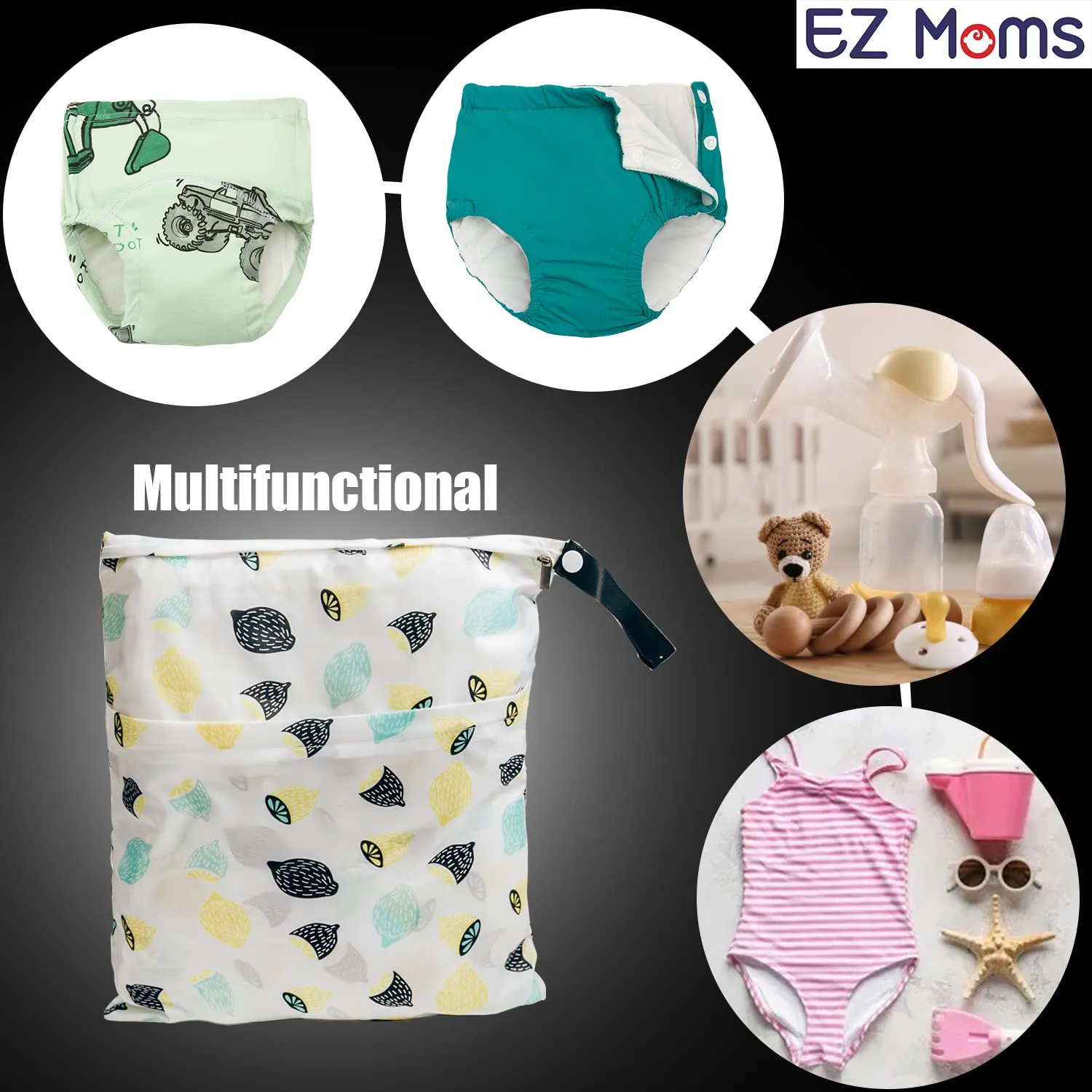 EZ Moms 4 Pcs Waterproof Wet Bag With Two Pockets For Diaper Pouch Large Wet Bag Reusable Wet Dry Bag Waterproof Bags For Swimming Wet Clothes Bag Baby Wet Bags For Travel Dirty Clothes Bag (3 Size)